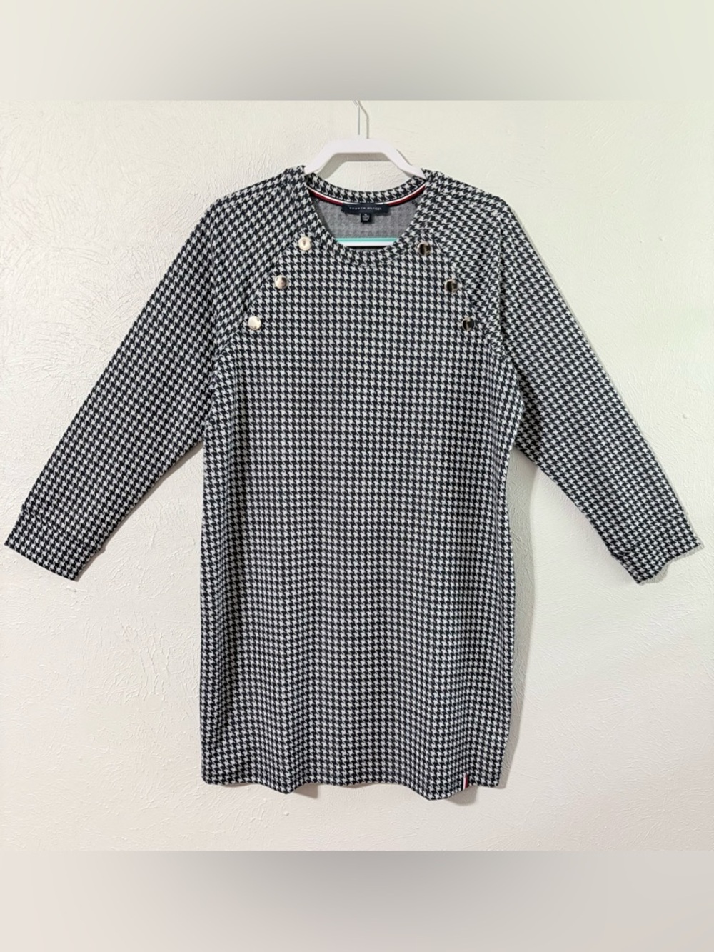 Tommy Hilfiger Houndstooth Dress Silver Button Shift Tagged XL Classic